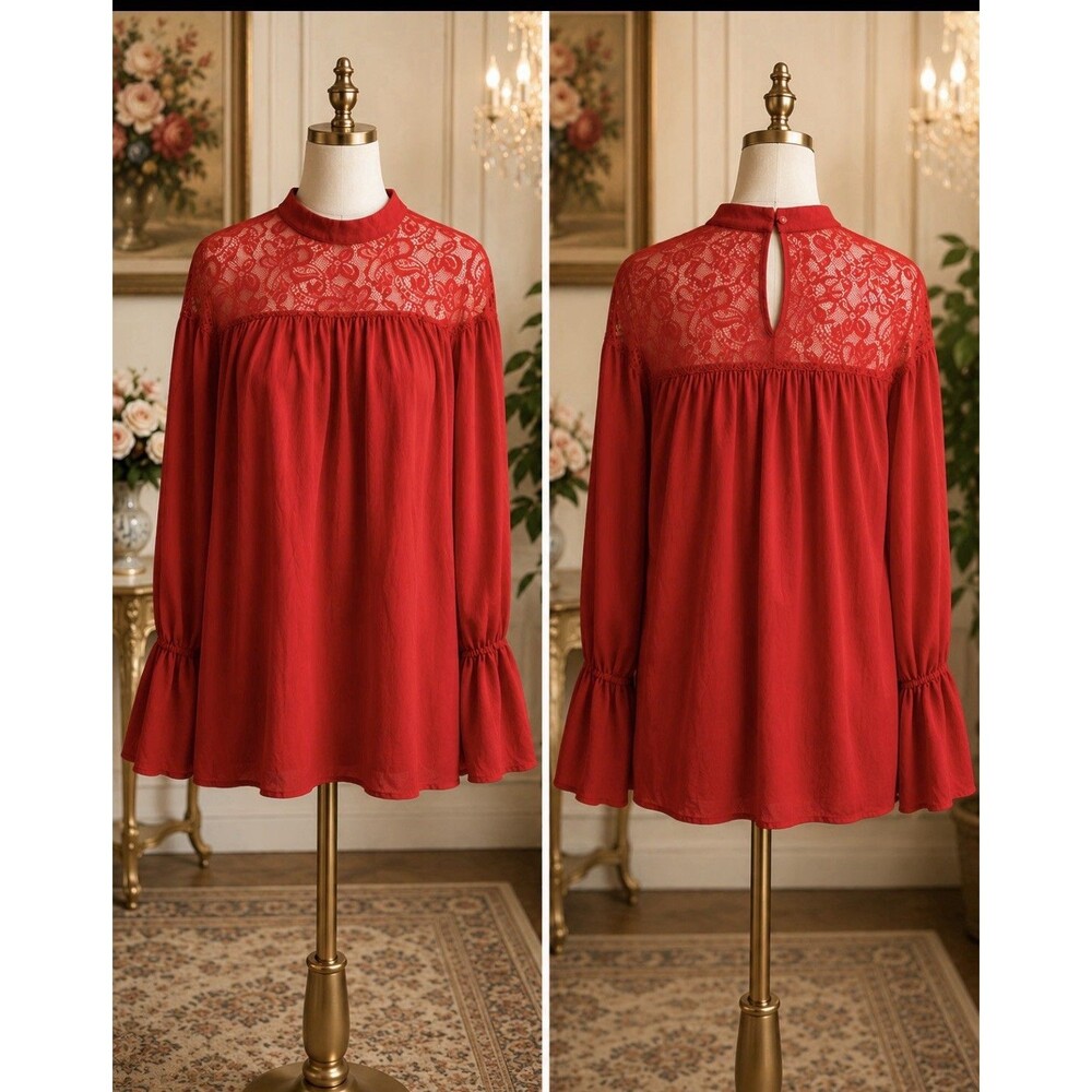Zeagoo Women’s Red Lace Yoke Blouse Size S Long Sleeve Sheer Mock Neck Top